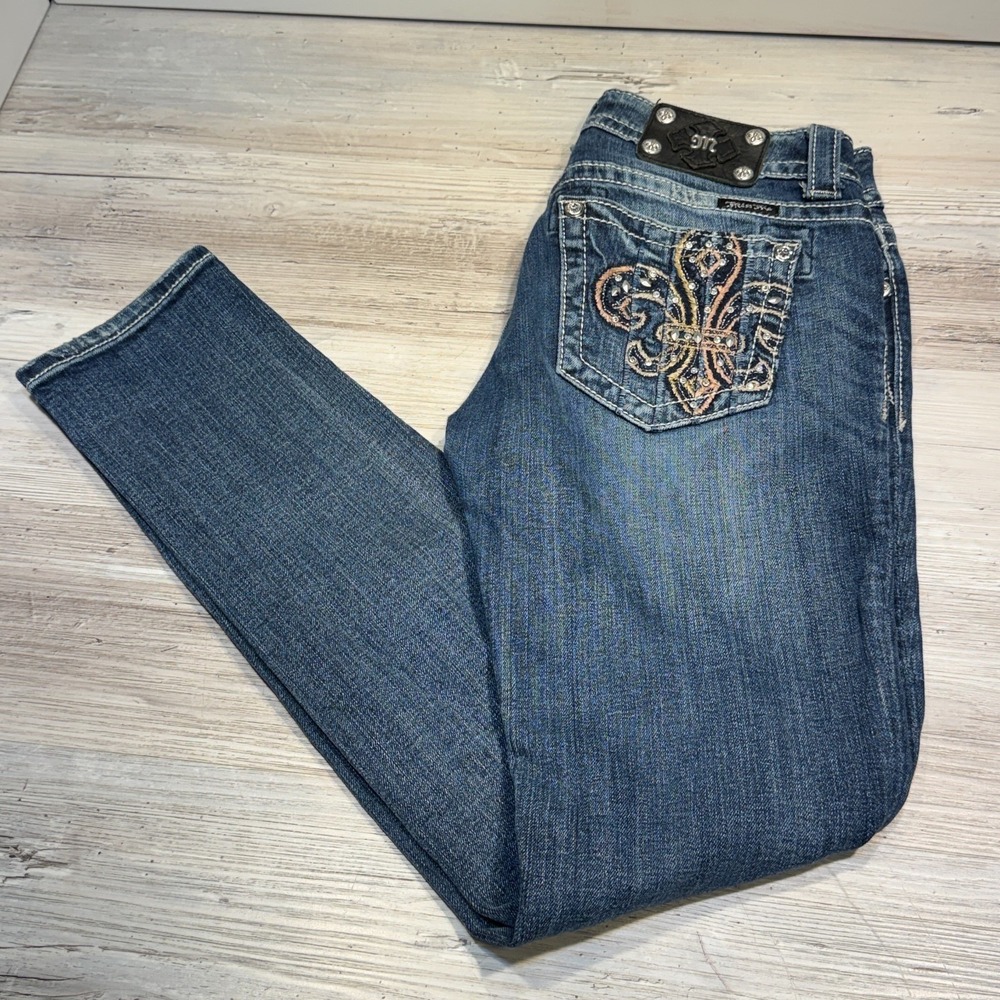 Miss Me Fleur De Lis Embroidered Skinny Denim Jeans Womens Size 29x32